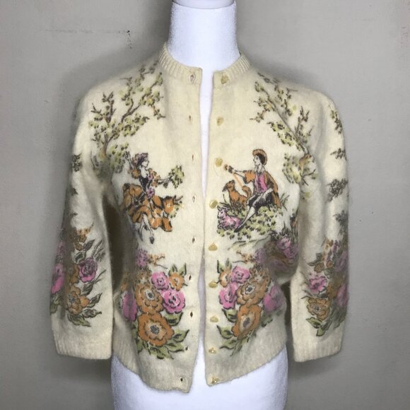 Vintage 1950's Cream Victorian Floral Scene Angora Type Short Cardigan Sweater - Picture 1 of 16